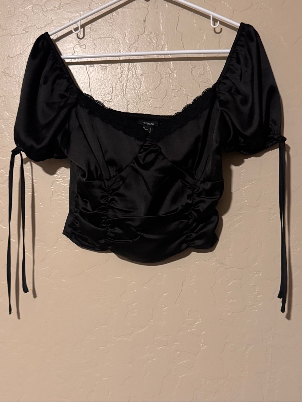 Forever 21 Black Satin Puff-Sleeve Tie Front Crop Top